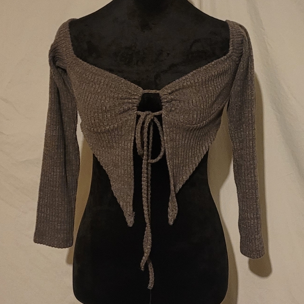SHEIN Off-the-Shoulder, Tie Front,  Ribbed Sweater - Dark Heather Gray, Large